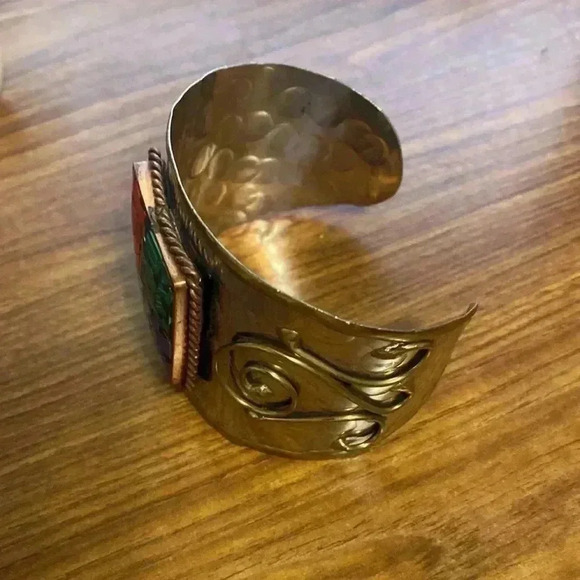 Mosaic Cuff Bracelet 7 1/8 " Around & Wooden Beaded Necklace 20 inches Long - Picture 3 of 10